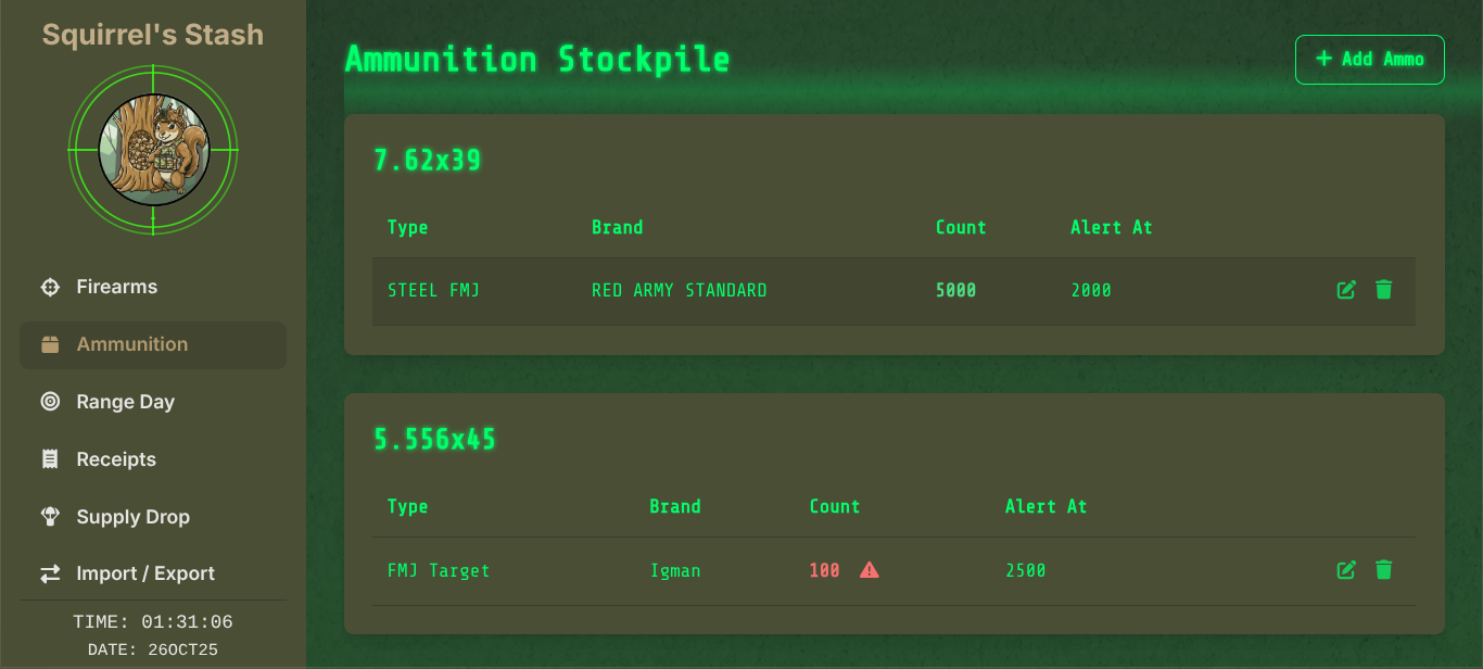 App Screenshot - Ammo Tracking